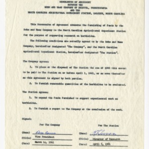 Memorandum of agreement between the Rohm and Haas Company and the North Carolina Agriculture Experiment Station, 1961-1962