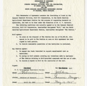 Memorandum of agreement between the Gulf Oil Corporation's Spencer Chemical Division and the North Carolina Agriculture Experiment Station, 1963-1965