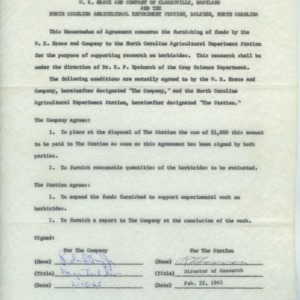 Memorandum of agreement between the W. R. Grace and Company and the North Carolina Agricultural Experiment Station, 1965