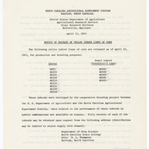 Notice of Release of Yellow Inbred Lines of Corn, 1963