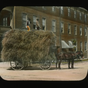 Men on top of mule-drawn cart overflowing with wheat straw, colorized, circa 1910