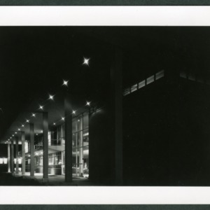 College Union building at night, facing Hillsborough St.