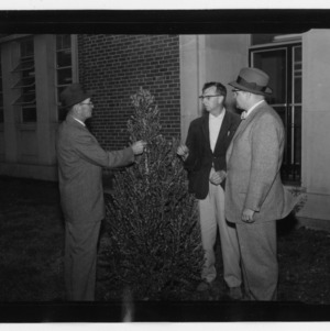 Group standing around new shrubbery in front of N. C. State College library
