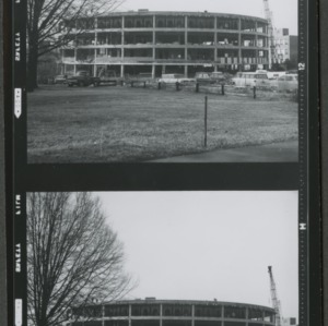 Harrelson Hall, round classroom building during construction