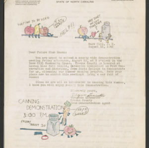 "Canning Demonstration" Memo, by Virginia Lancaster, August 12, 1943