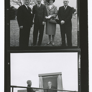 Dean J. H. Lampe and others & boy unveiling portrait of Dean J. H. Lampe at opening of Engineers' Fair 1962