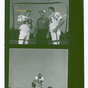 Football action shots of Bill Kriger, Jim Rossi, Roger Moore, and coach Earle Edwards, 1962