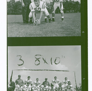 Football action shots of Walt Kudryan, Bill Kriger, Tony Kozarsky, coach Earle Edwards, and varsity football team, 1962