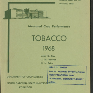 Measured Crop Performance, Tobacco. (Research Reports No. 28), 1968