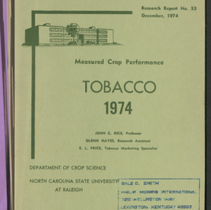 Measured Crop Performance, Tobacco (Research Reports No. 53), 1974