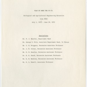 Biological and Agricultural Engineering Plan of Work 1972-1973