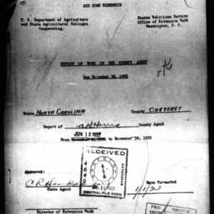 Report of Work of the County Agent, Carteret County, NC, June to November, 1922