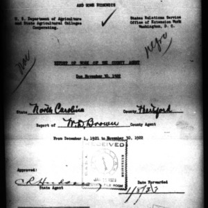 Report of Work of the County Agent African American Report, Hertford County, NC