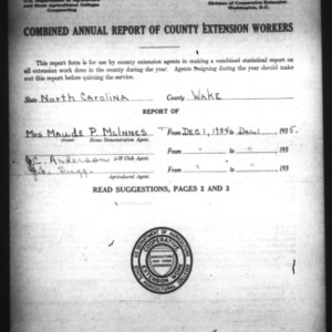Combined Annual Report of County Extension Workers, Wake County, NC