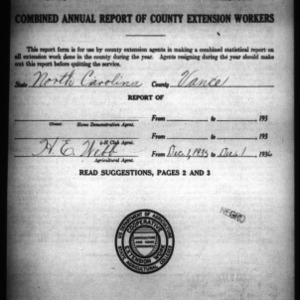 Combined Annual Report of County Extension Workers, African American, Vance County, NC