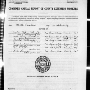 Combined Annual Report of County Extension Workers, Mecklenburg County, NC