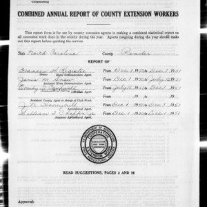 Combined Annual Report of County Extension Workers, Pender County, NC
