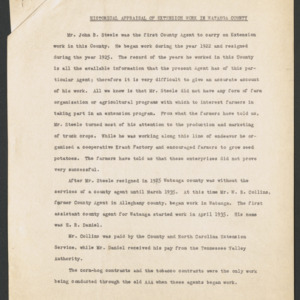 Watauga County, Historical Appraisal of Extension Work, undated