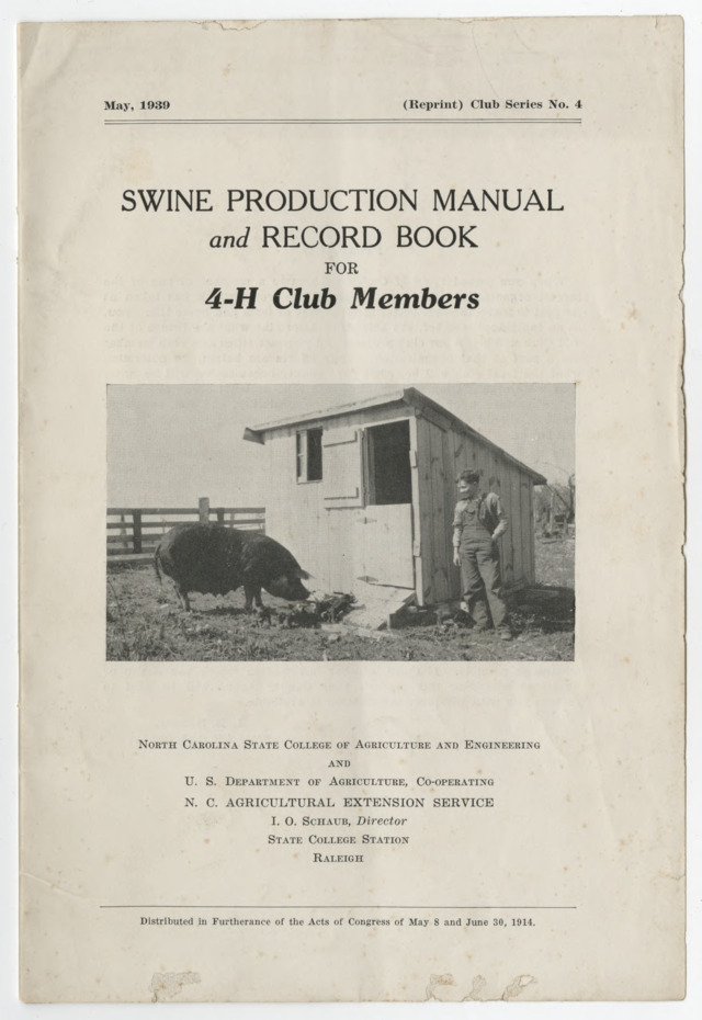 Cover image for the "Swine Production Manual and Record Book for 4-H Club Members," showing a young boy with a small pig standing next to a barn. 
