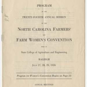 North Carolina Farmers' and Farm Women's Convention, Program Jul. 1926