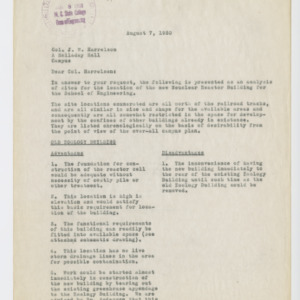 Memorandum from J. McCree Smith to Colonel J. W. Harrelson, August 7, 1950