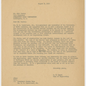 Letter from J. H. Lampe to Mr. John Harden August 8, 1952