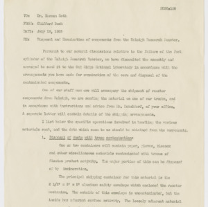 Memorandum concerning disposal and examination of components from the Raleigh Research Reactor. July 19, 1955
