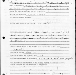 Request for Reactor Operation, Reactor Experiment No. 149, Measure range of ionizing particles utilizing the Rosenblum spark counter, March 18, 1958