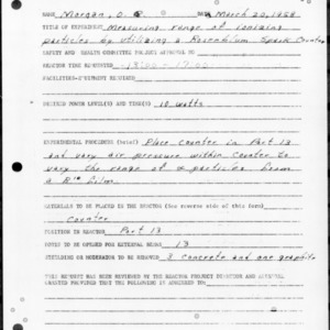 Request for Reactor Operation, Reactor Experiment No. 152, Measuring range of ionizing particles by utilizing a Rosenblum spark counter, March 20, 1958