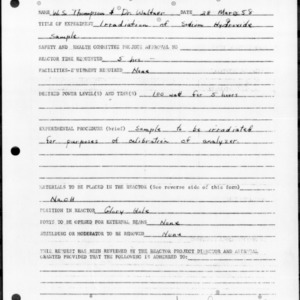Request for Reactor Operation, Reactor Experiment No. 156, Irradiation of sodium hydroxide sample, March 27, 1958