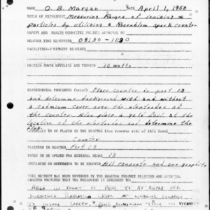 Request for Reactor Operation, Reactor Experiment No. 159, Measuring ranges of ionizing alpha particles by utilizing a Rosenblum spark counter, March 28, 1958