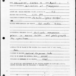 Request for Reactor Operation, Reactor Experiment No. 160, Activation of manganese, April 1, 1958