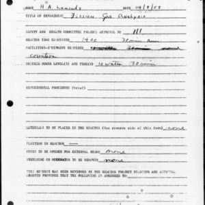 Request for Reactor Operation, Reactor Experiment No. 165, Fission gas analysis, April 8, 1958