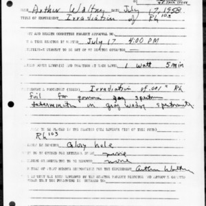 Request for Reactor Operation, Reactor Experiment No. 239, Irradiation of rhodium Rh103, July 17, 1958