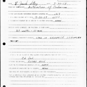 Request for Reactor Operation, Reactor Experiment No. 252, Activation of cadmium, July 30, 1958
