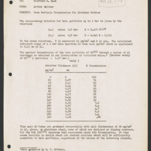 Beta Particle Transmission for Aluminum Windows, NCSC #17, April 17, 1951