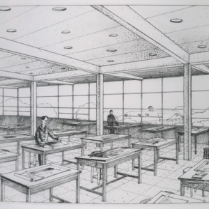 Sketch of classroom interior of School of Design building plan, 1956