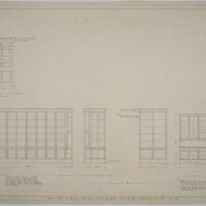 Elevation of main entrance, bookcase in study, pantry cupboard details