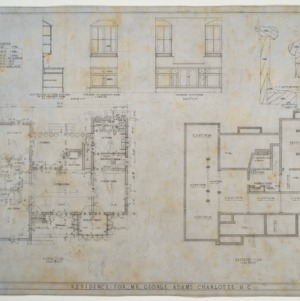Floor plan, basement plan, various details