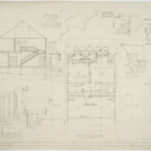 Second floor plan, section through living room and hall, elevation of stairs