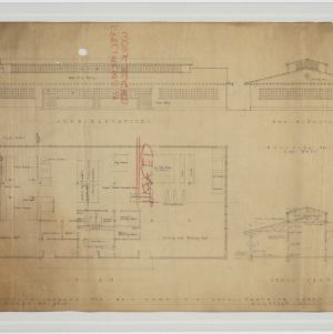 Elevations, floor plans, sections of proposed laundry building for main camp