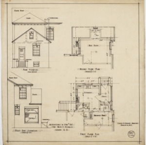 First floor plan, second floor plan, rear elevation, right side elevation