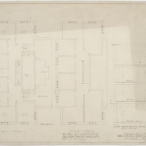 First floor plan, second floor plan, section showing relative floor heights