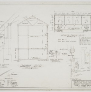 Sectional elevation, second floor plan and cornice detail