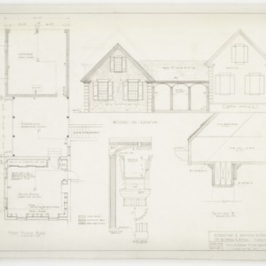 First floor plan, elevation, column and cornice section