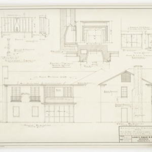 South and west elevations and balconey, mantel and cabinet details