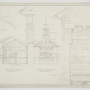 Sectional elevation, front elevation and cornice details