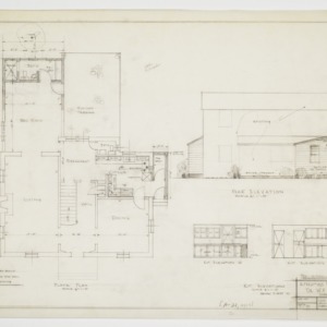 Floor plan, rear elevation and kitchen elevations