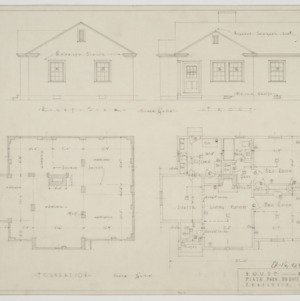 Right and front elevations and basement and floor plan